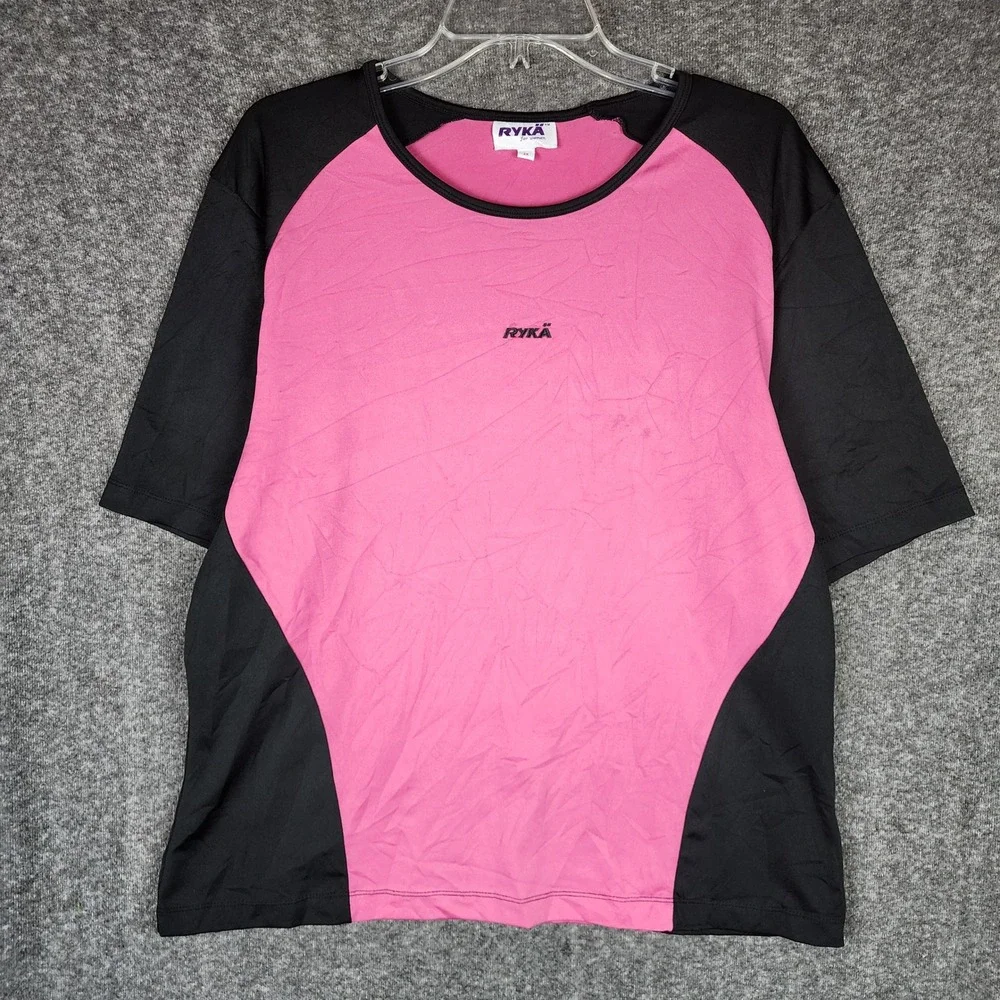 Ryka T-Shirt Womens 2X Athleisure Pink Black Colorblock Logo EUC